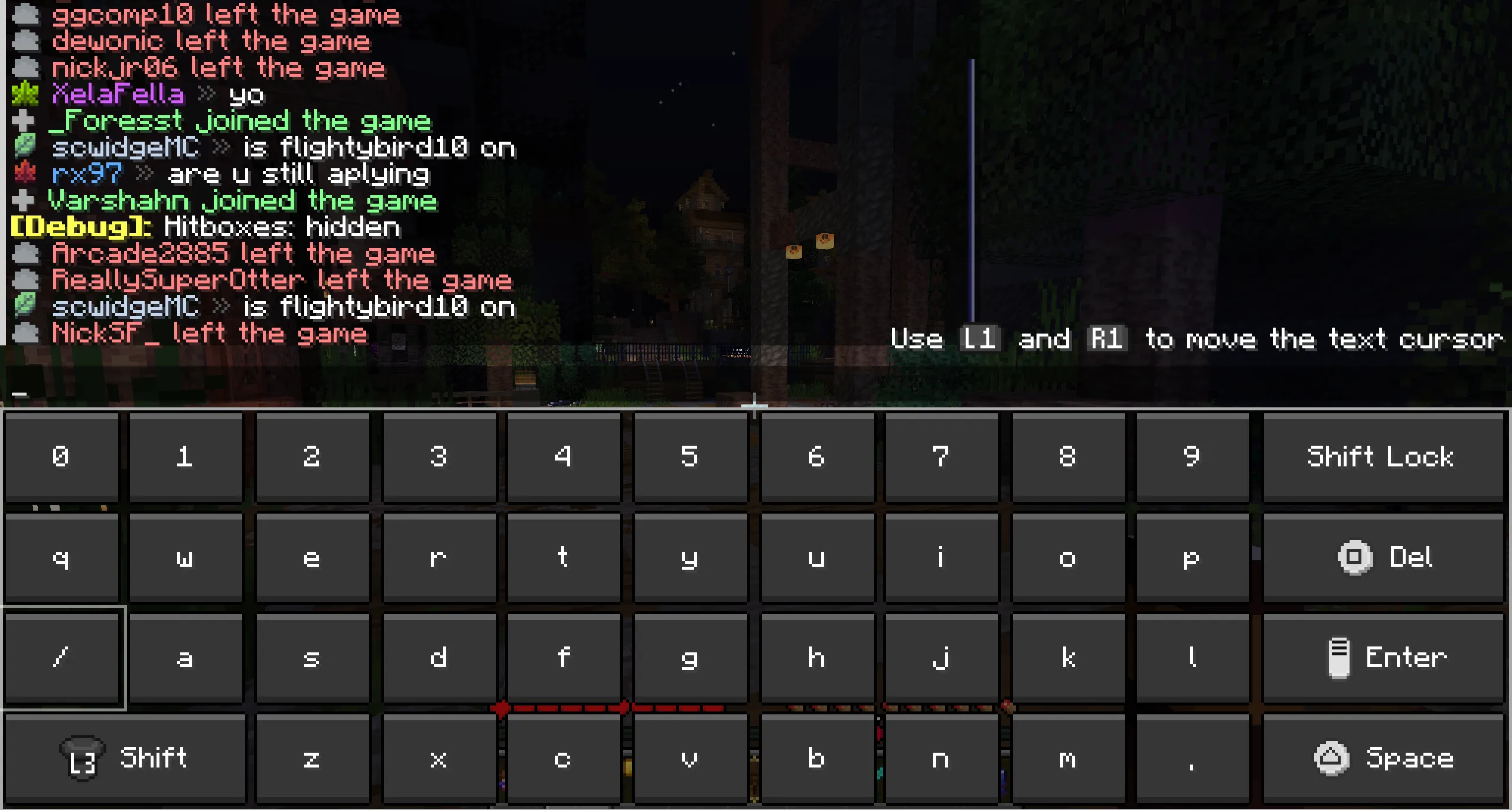Typing in Minecraft chat with Controlify's on-screen keyboard