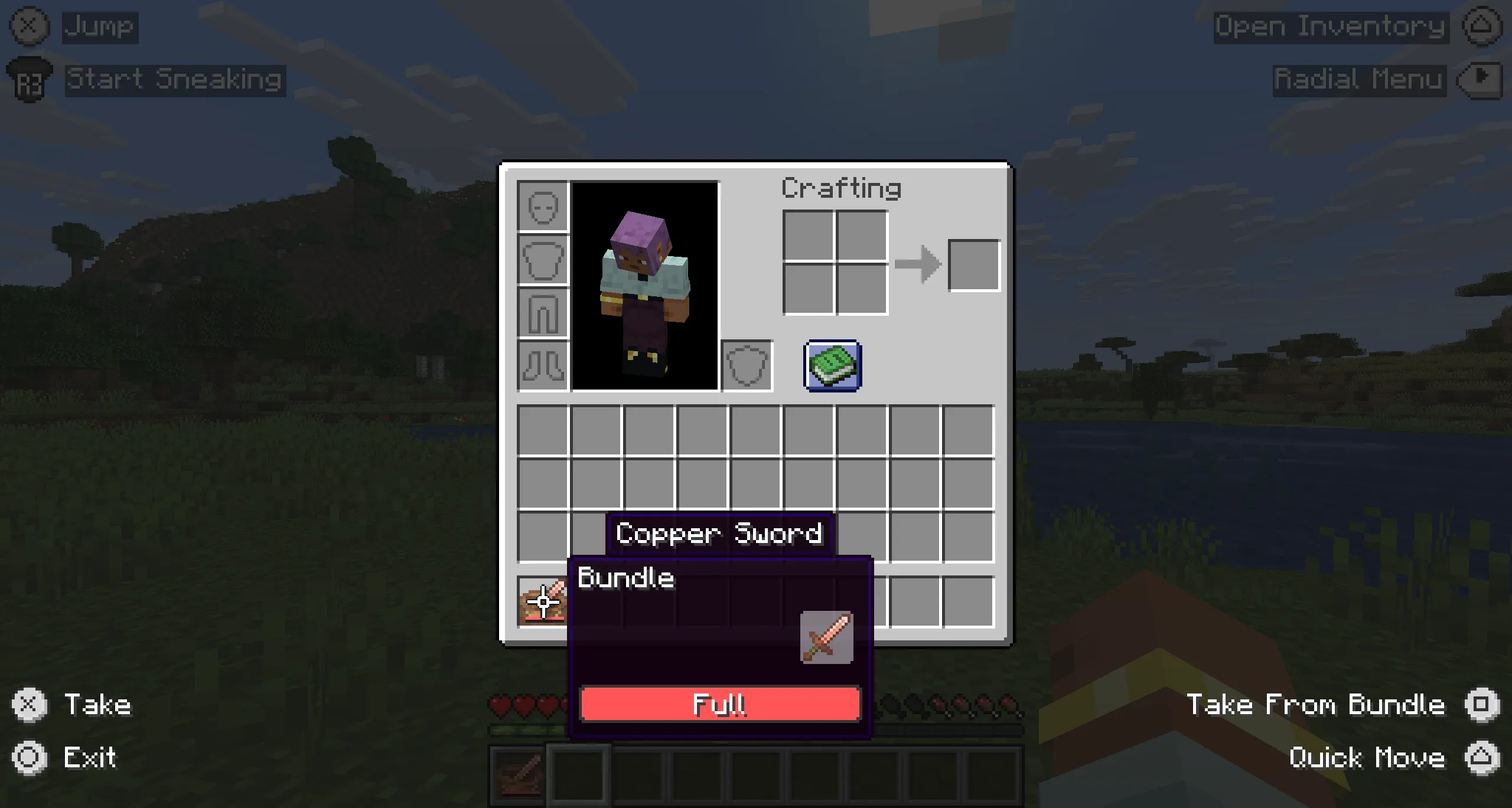 Controller shortcuts displayed beside a Minecraft inventory