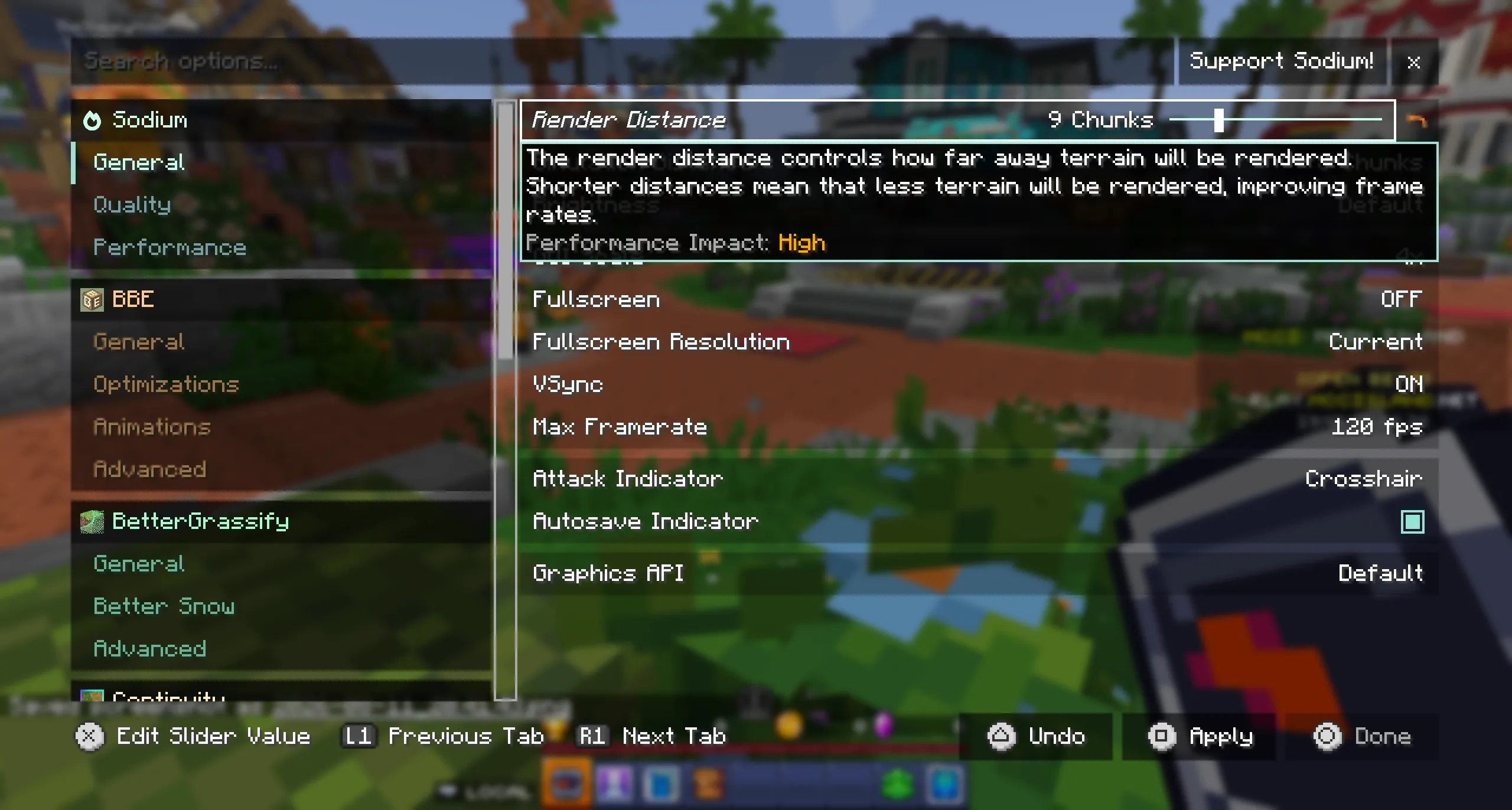 Sodium's settings screen being operated with a controller